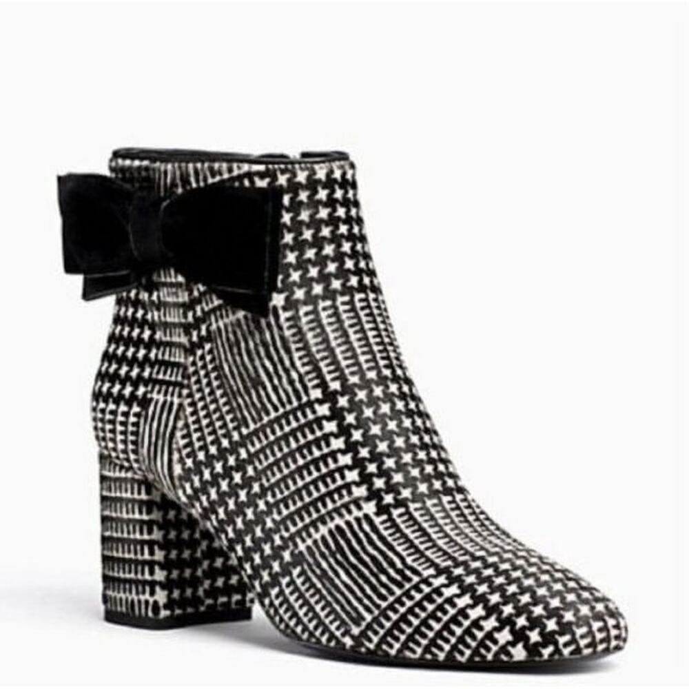 Kate Spade New York Holly Bow Houndstooth Black & White Ankle Boots Size 9.5